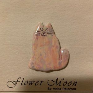 Vintage Handmade Pale Pink Cat Brooch by Flower Moon - Opalescent Glazed Ceramic